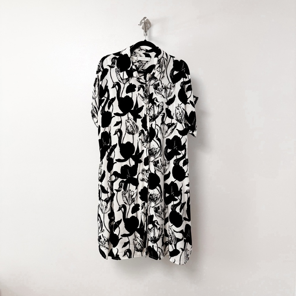 Noen Bird Floral Button‎ Up Collared Winter Casual Shirt Dress White Black Large